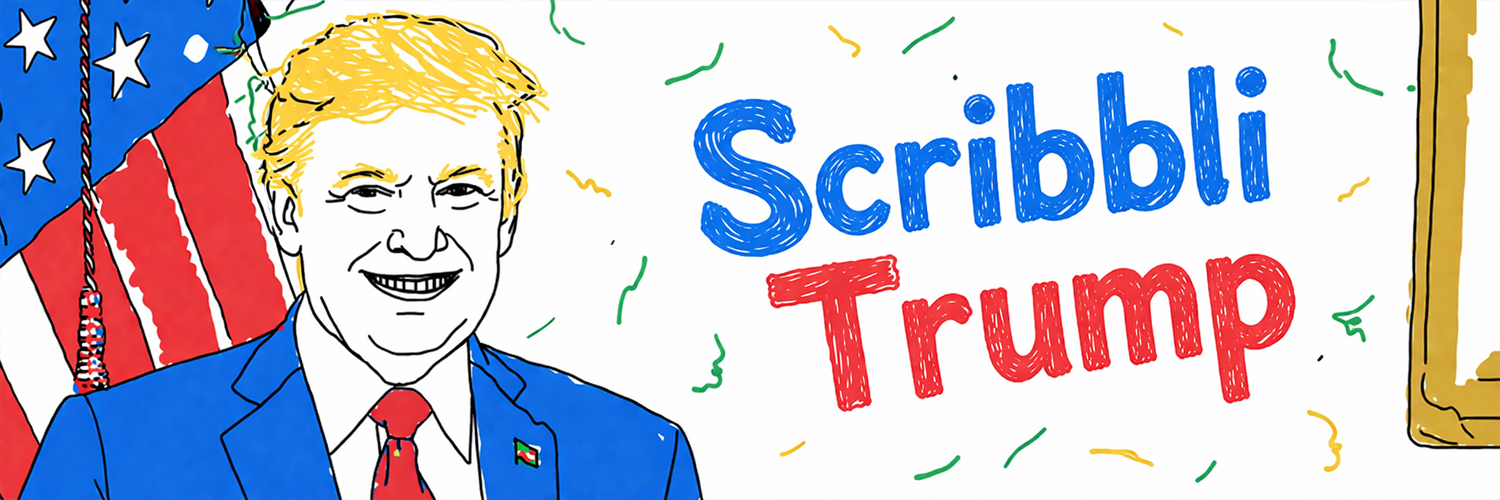 Childlike Grok Scribbli crayon drawing of Donald Trump on USA flag background